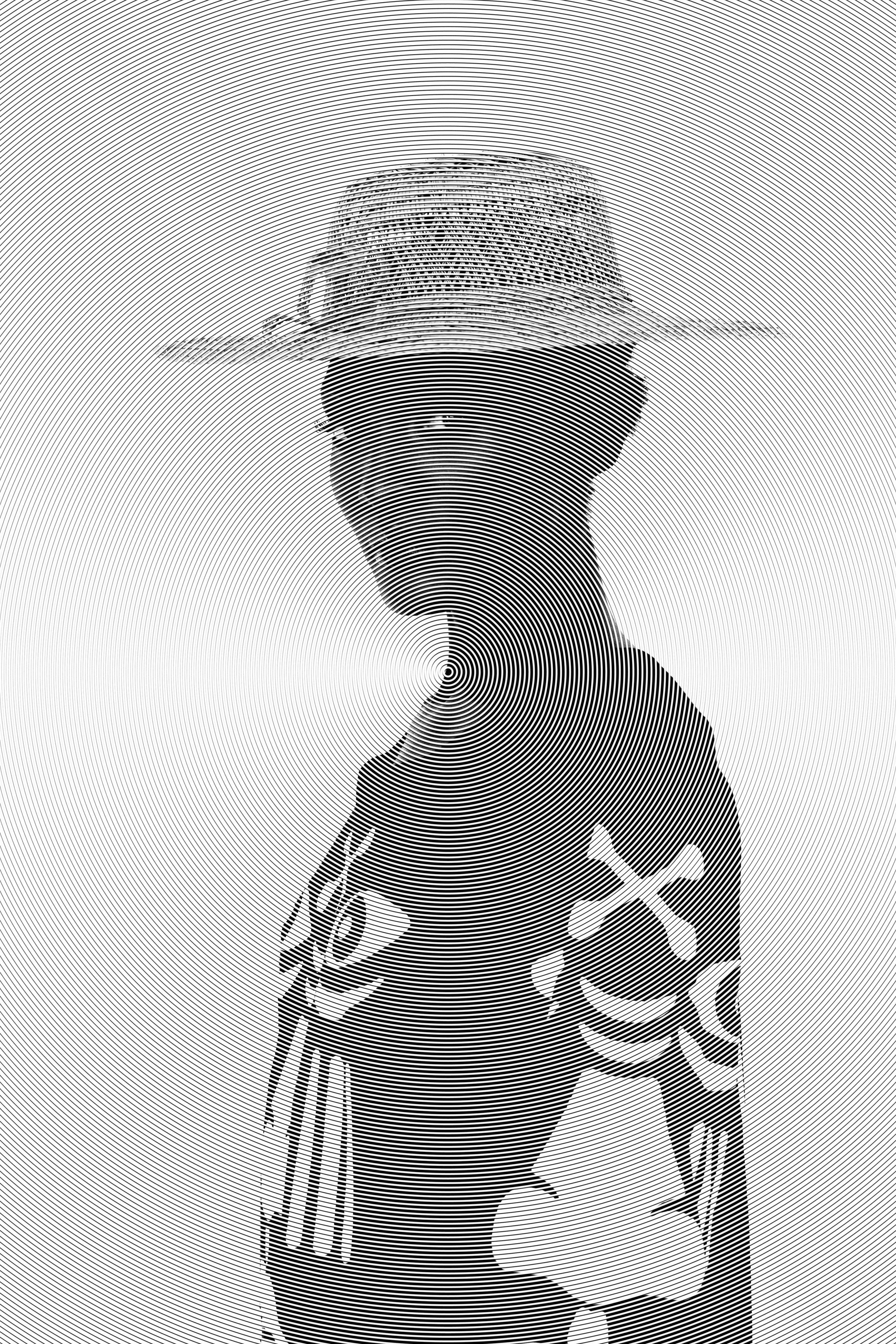 a black and white photo of a person wearing a hat