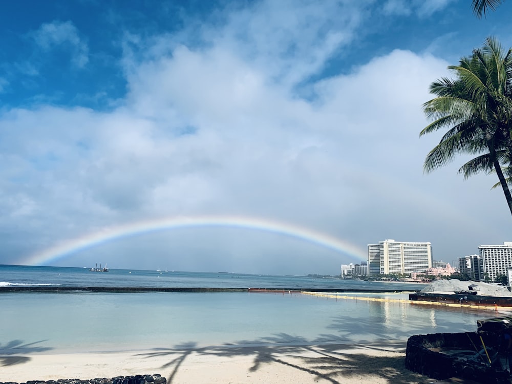 a rainbow appears over a beach with palm trees