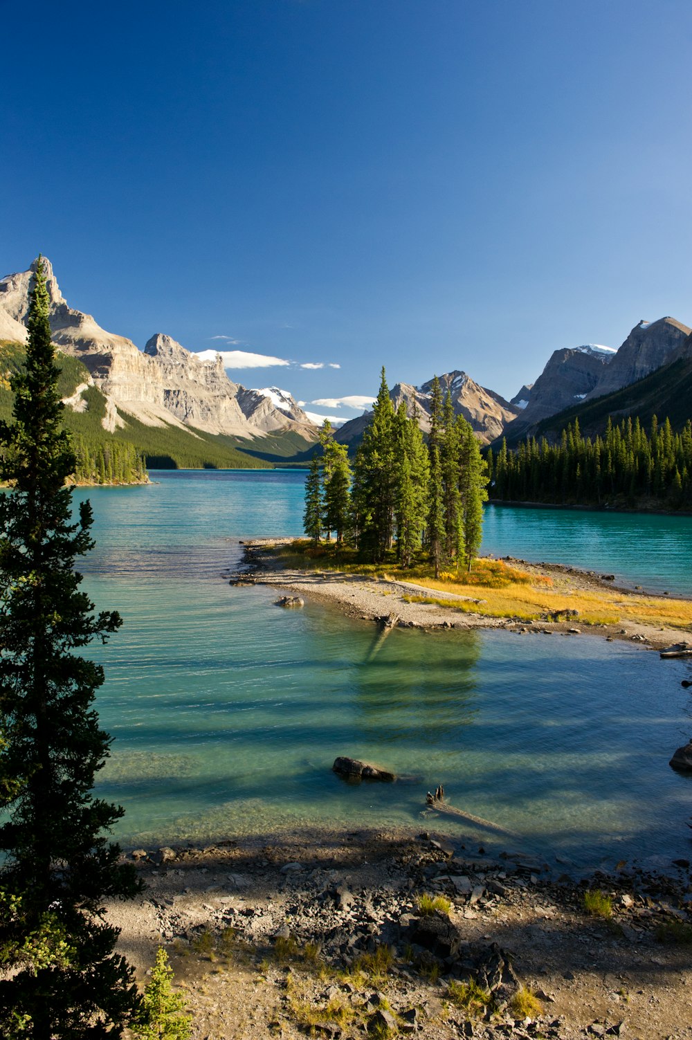 a lake surrounded by trees and mountains under a blue sky