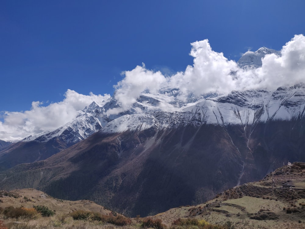 a mountain range with snow capped mountains in the background