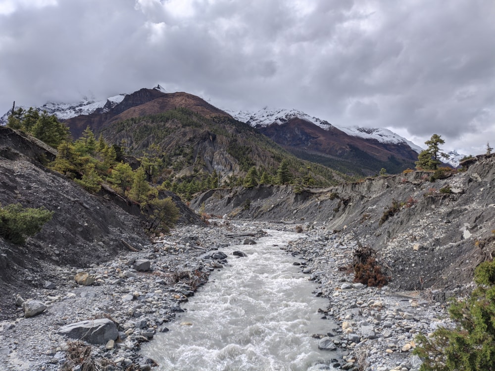 a river running through a rocky area with mountains in the background