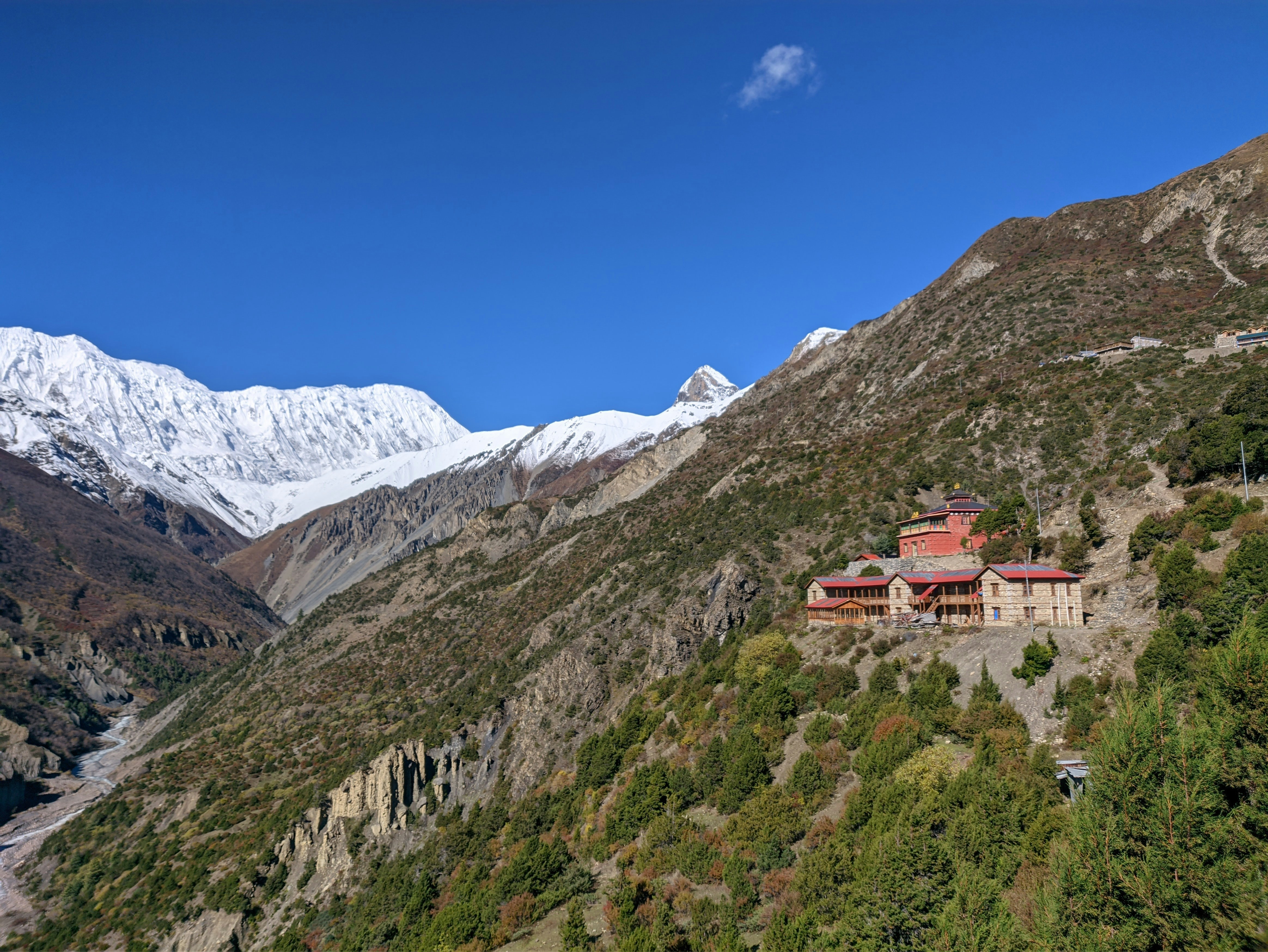 Mountain monastery with snow peaks