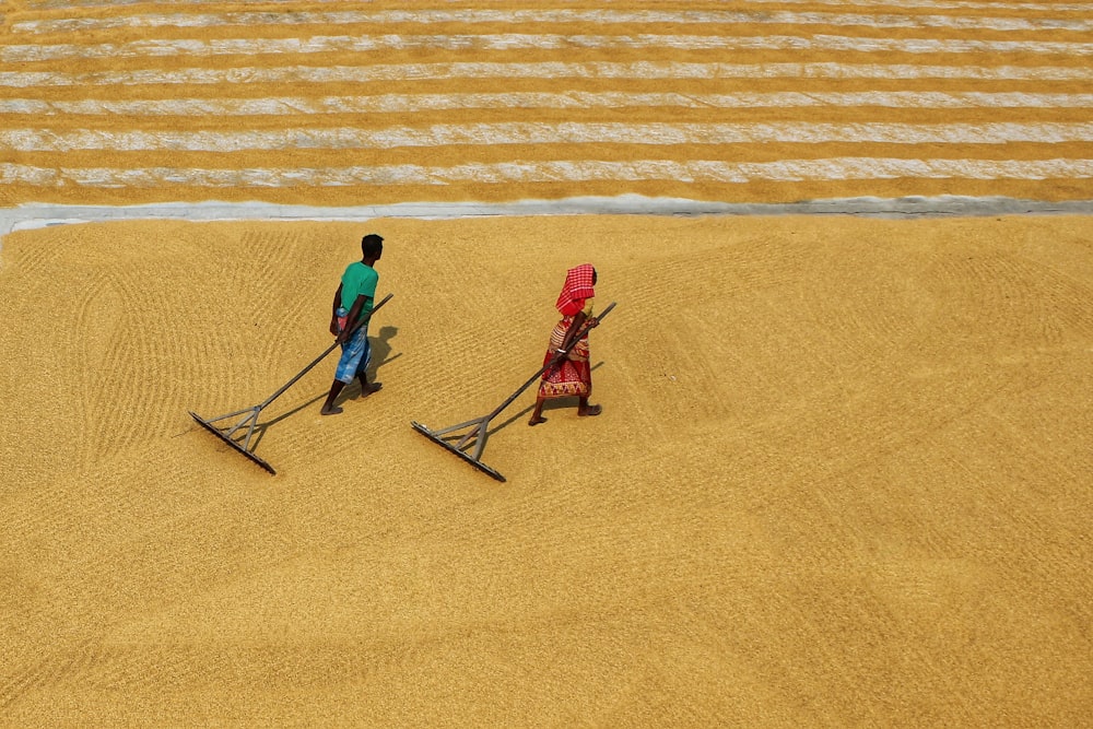 a couple of people that are standing in a field