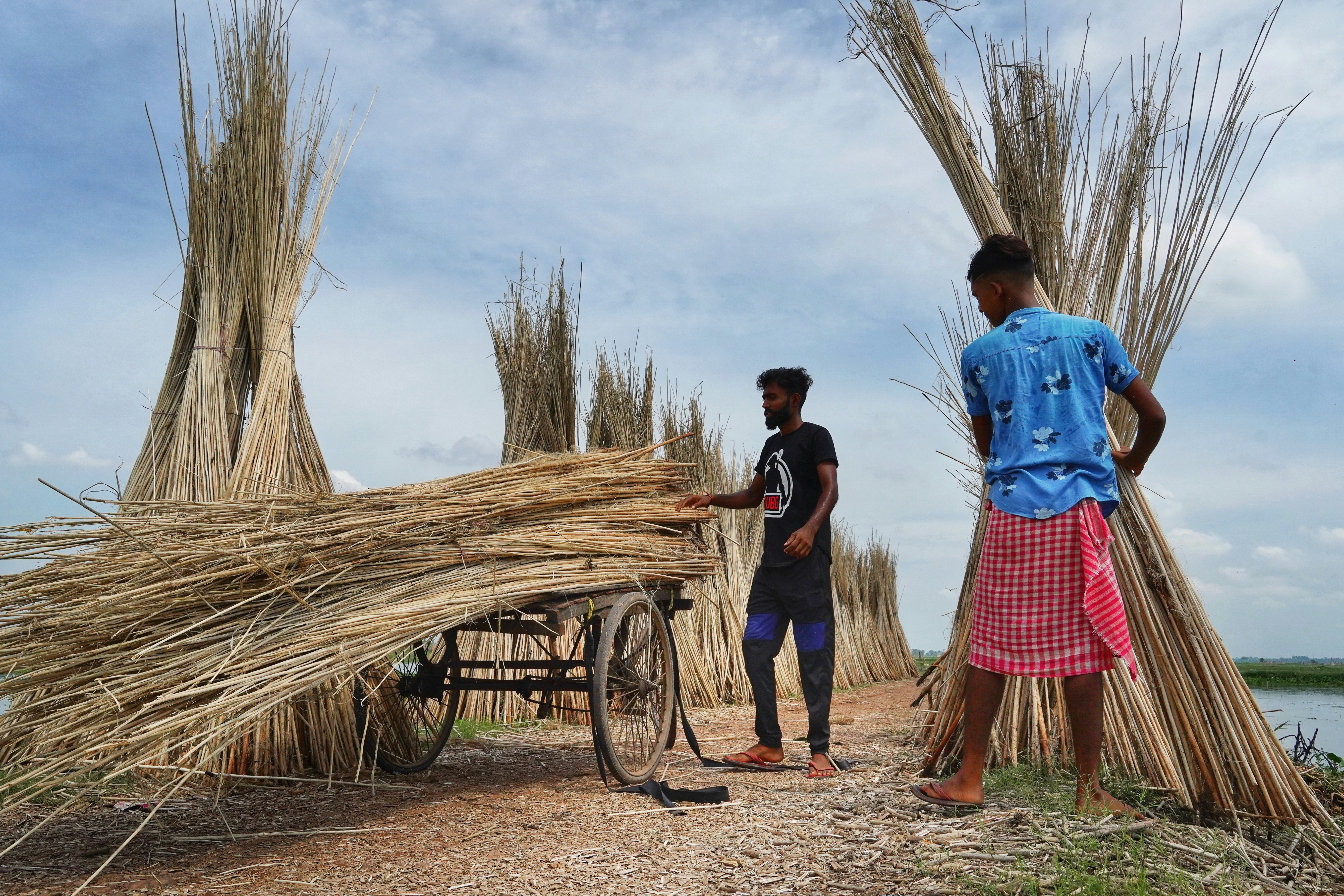 beberapa pria berdiri di samping gerobak kayu