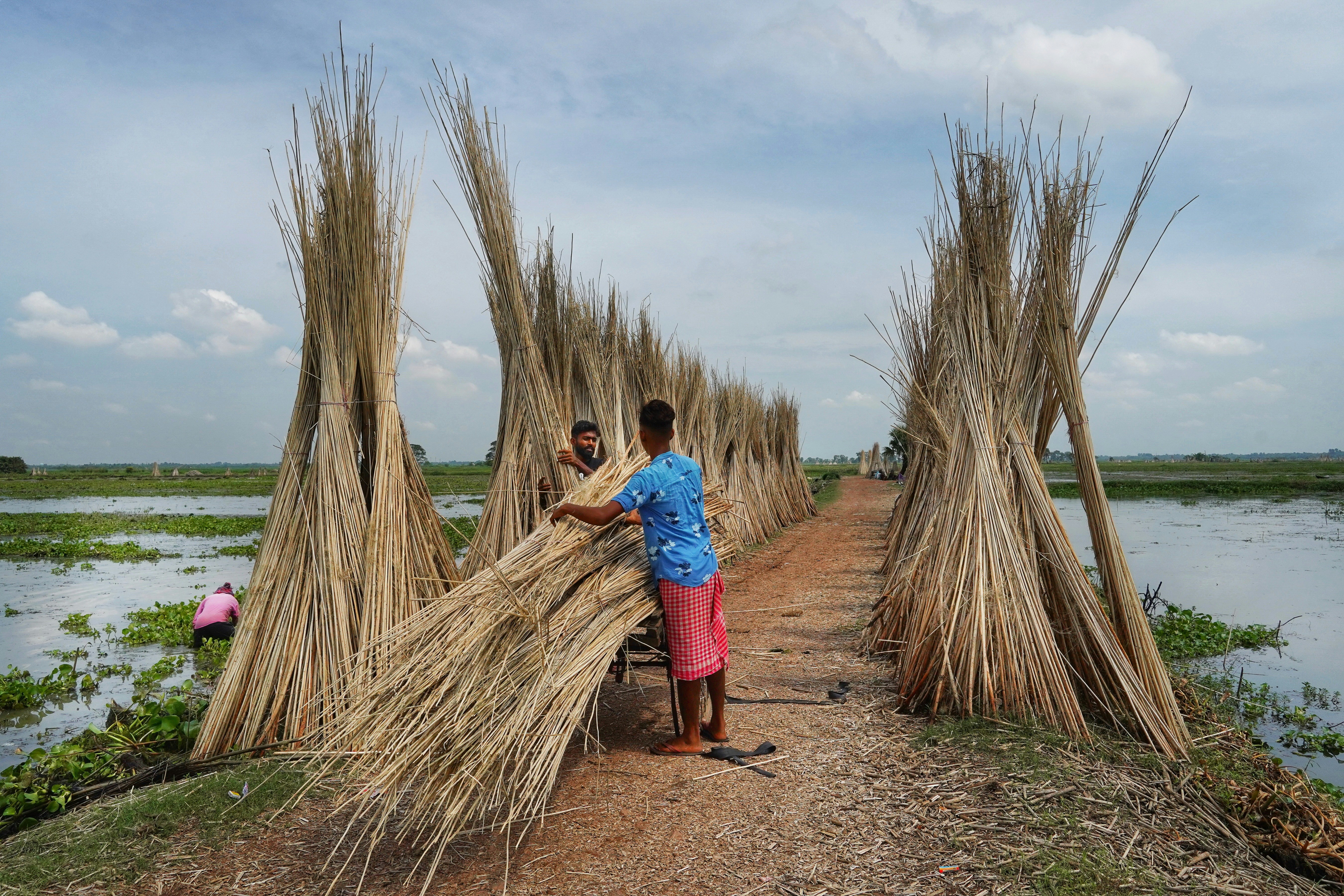 a couple of men standing next to a bunch of sticks