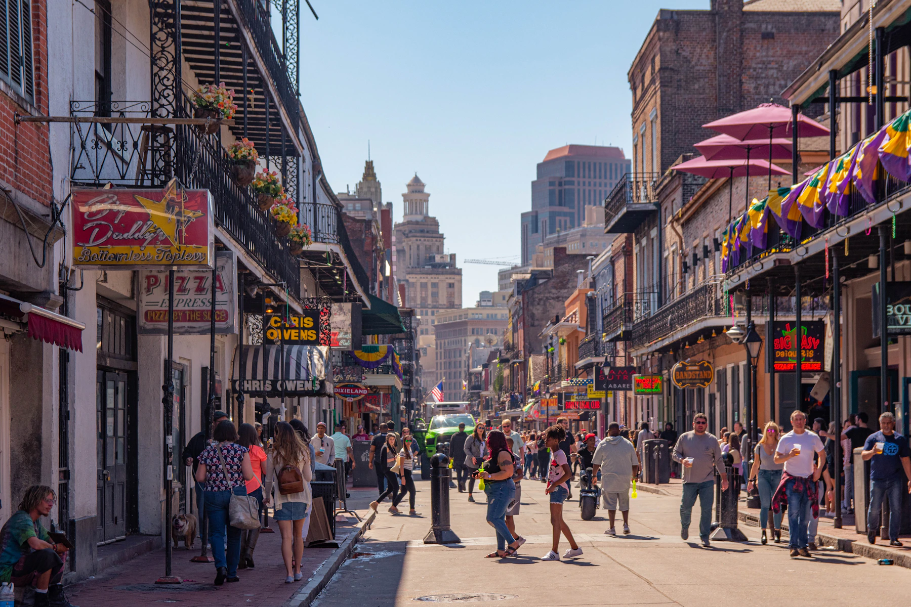 An atmospheric street of colourful historic buildings in the French Quarter, New Orleans