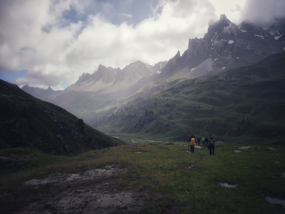 a group of people standing on top of a lush green hillside