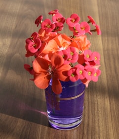 A small bouquet of vibrant pink and orange flowers is placed in a transparent blue glass vase on a wooden surface. The flowers appear freshly picked, with a mix of delicate blooms.