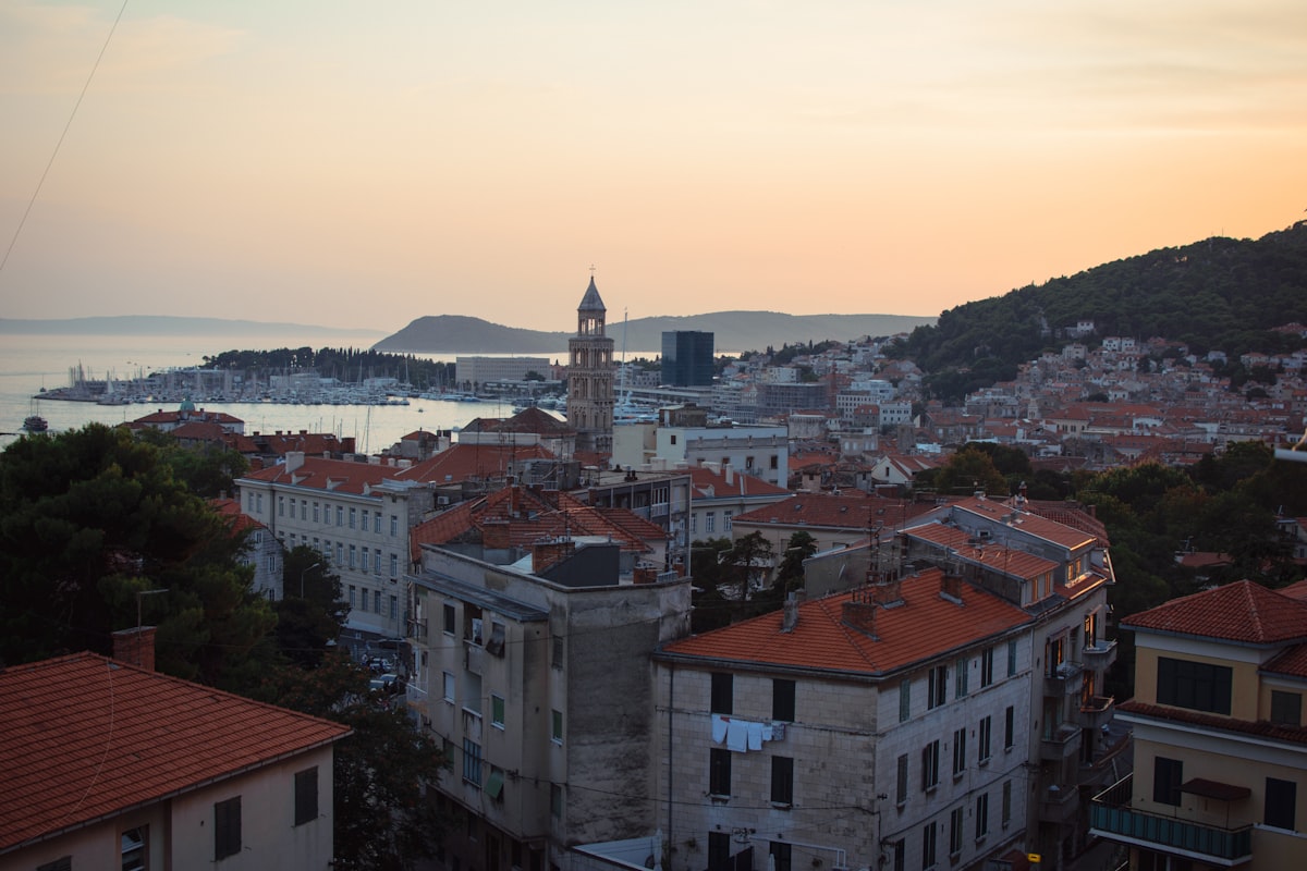 Aerial view of Split old town and the Adriatic coast with mountains behind, Croatia