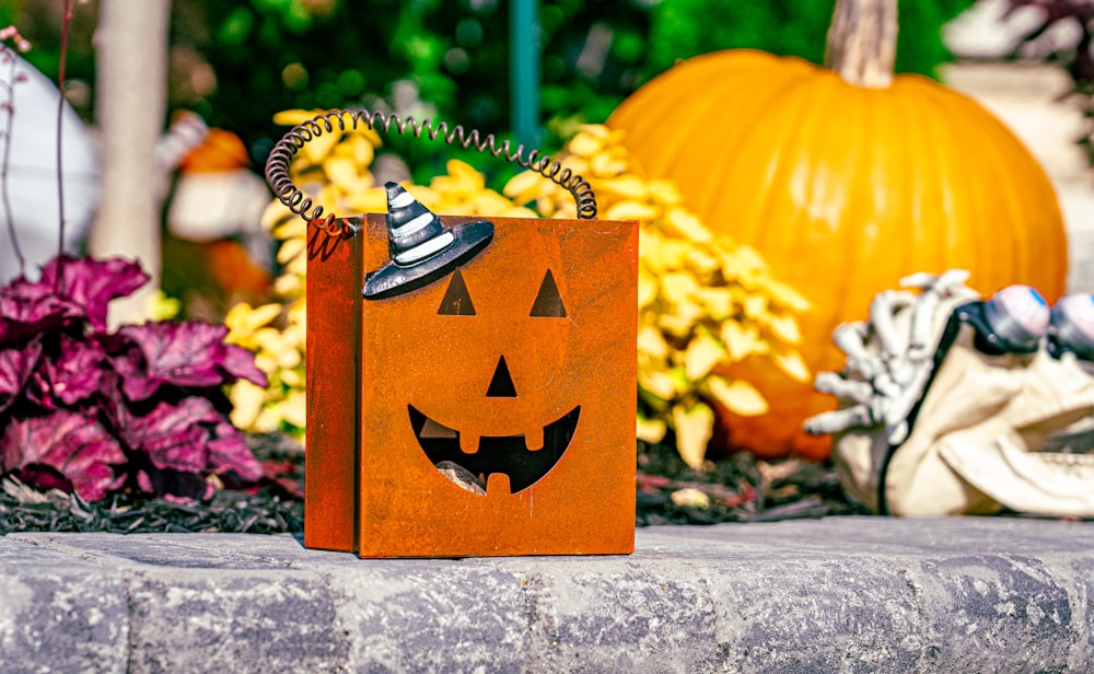 a trick bag with a jack - o - lantern face on it