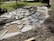 A partially constructed stone pathway laid out on a bed of sand and dirt with uneven edges. Large gray stones are scattered around, some already positioned while others are yet to be placed. In the background, there is a lawn mower on green grass, a wooden pallet, and a white bucket on the right side. The area appears to be a garden or yard under construction.