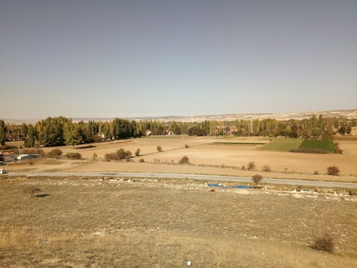 A rural landscape with vast fields and scattered trees, showing an open expanse of agricultural land under a clear blue sky. There are a few small structures near the fields, and the horizon reveals rolling hills in the distance.