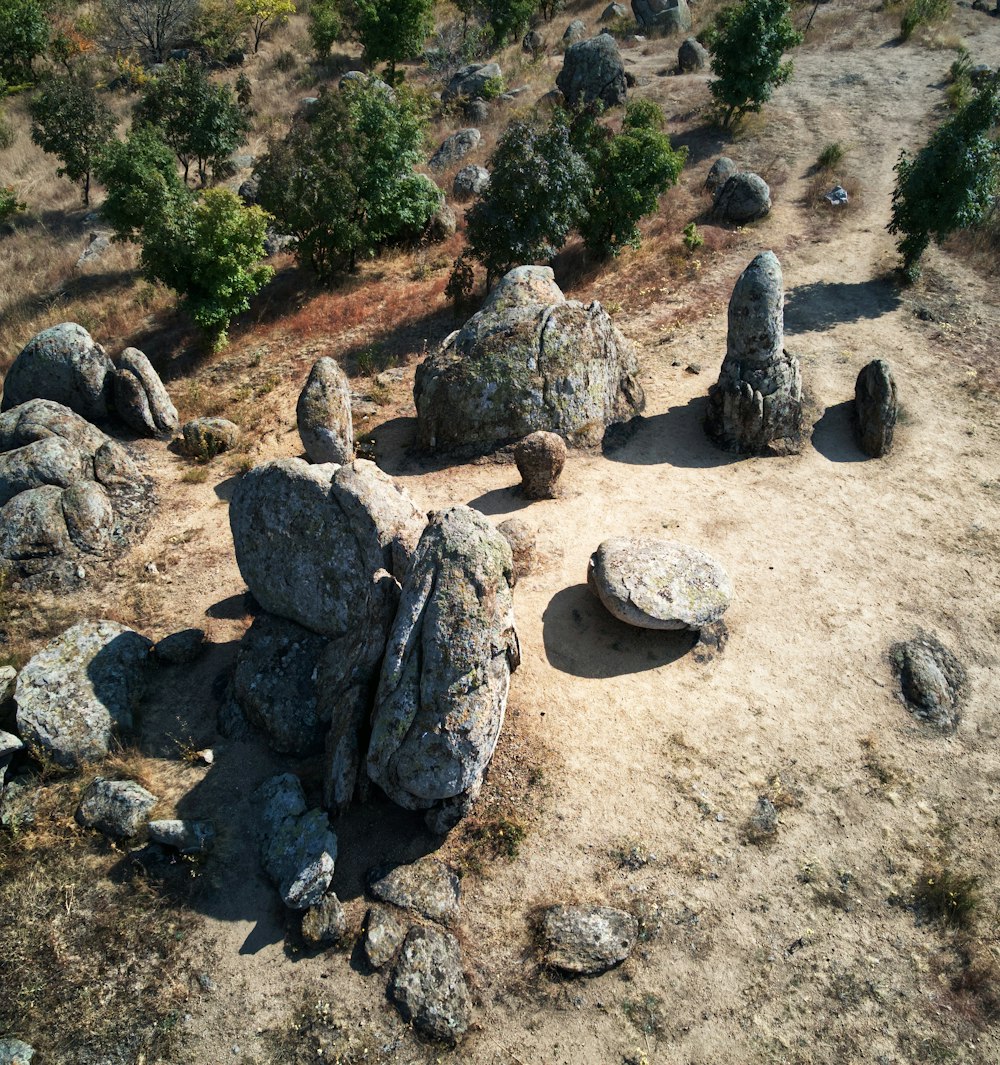 a group of rocks sitting on top of a dry grass field