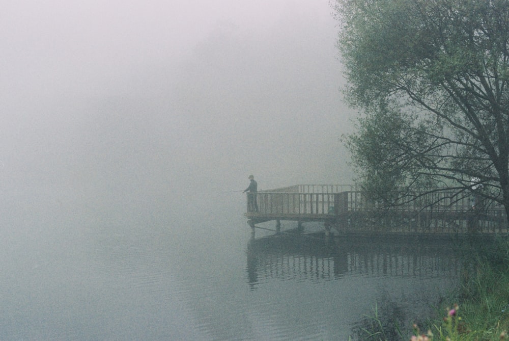 a person standing on a bridge over a body of water