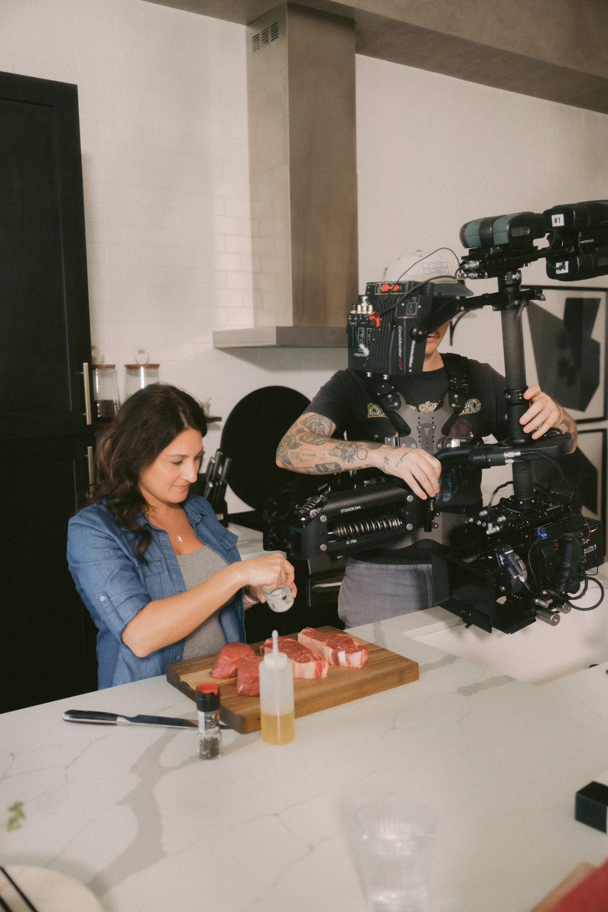 Creator filming food content with a camera rig