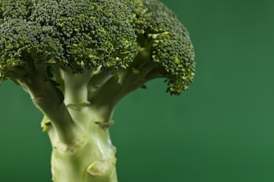 A close-up of a fresh broccoli floret with intricate details of its buds and stalk. The focus is sharp, showcasing the textures and varying shades of green against a smooth green background.