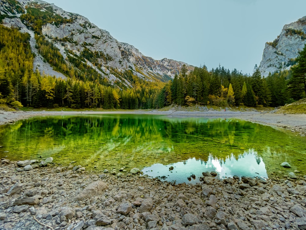 a mountain lake surrounded by trees and rocks