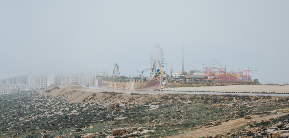 a foggy day at an amusement park