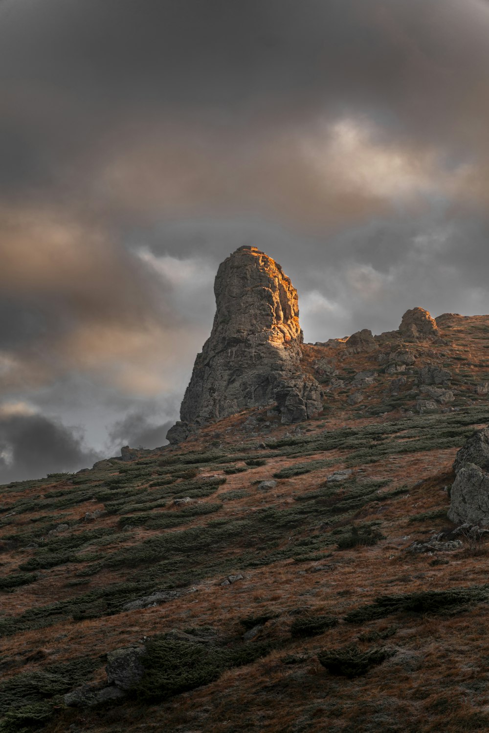 a large rock sitting on top of a lush green hillside