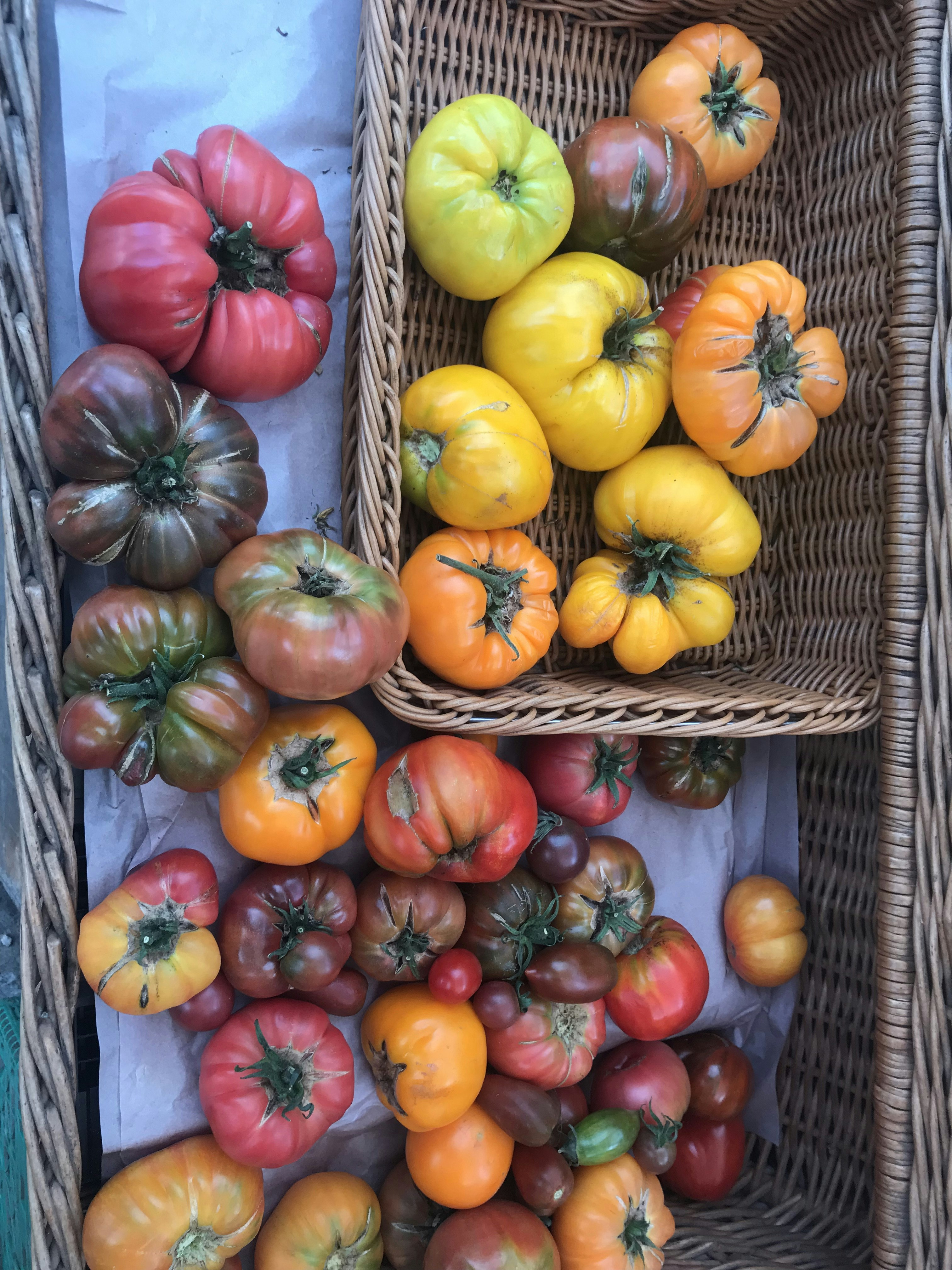 Colorful heirloom vegetables in wicker baskets, bright farmers market, natural sunlight
