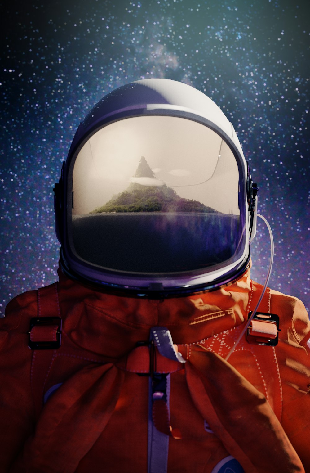 um homem em um traje espacial com uma montanha no fundo