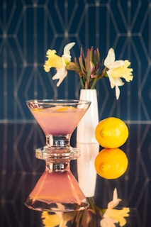 a lemon lavendar vodka based martini with a hint of mint and fresh blueberries