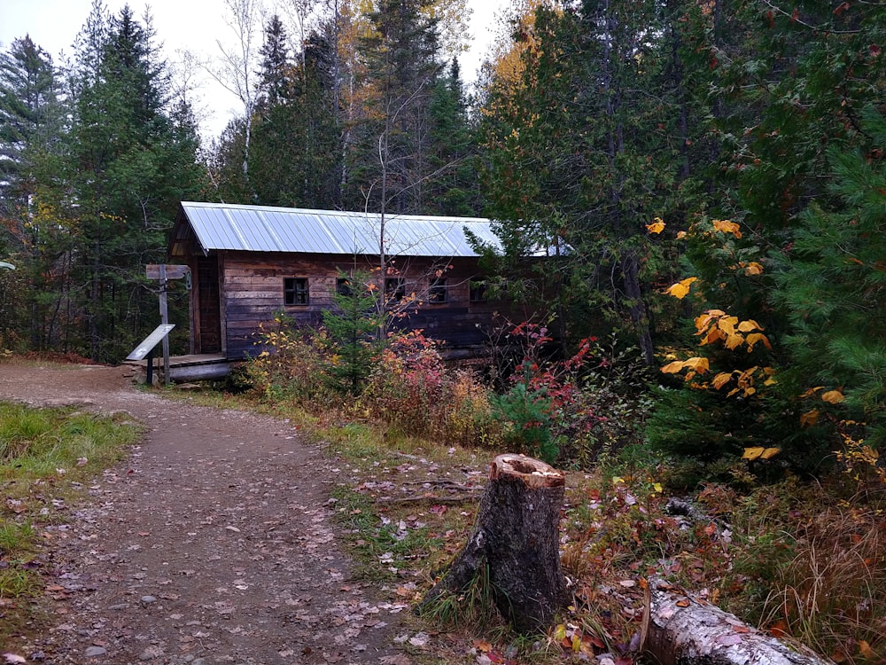 a small cabin in the woods near a trail