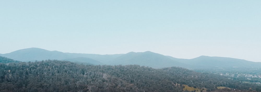 a view of a mountain range with trees in the foreground