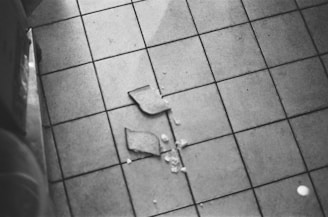 A black and white photograph captures a broken ceramic tile on a tiled floor. The pieces are scattered, showing jagged edges and some small chips. The surrounding floor tiles have a grid pattern with visible grout lines.