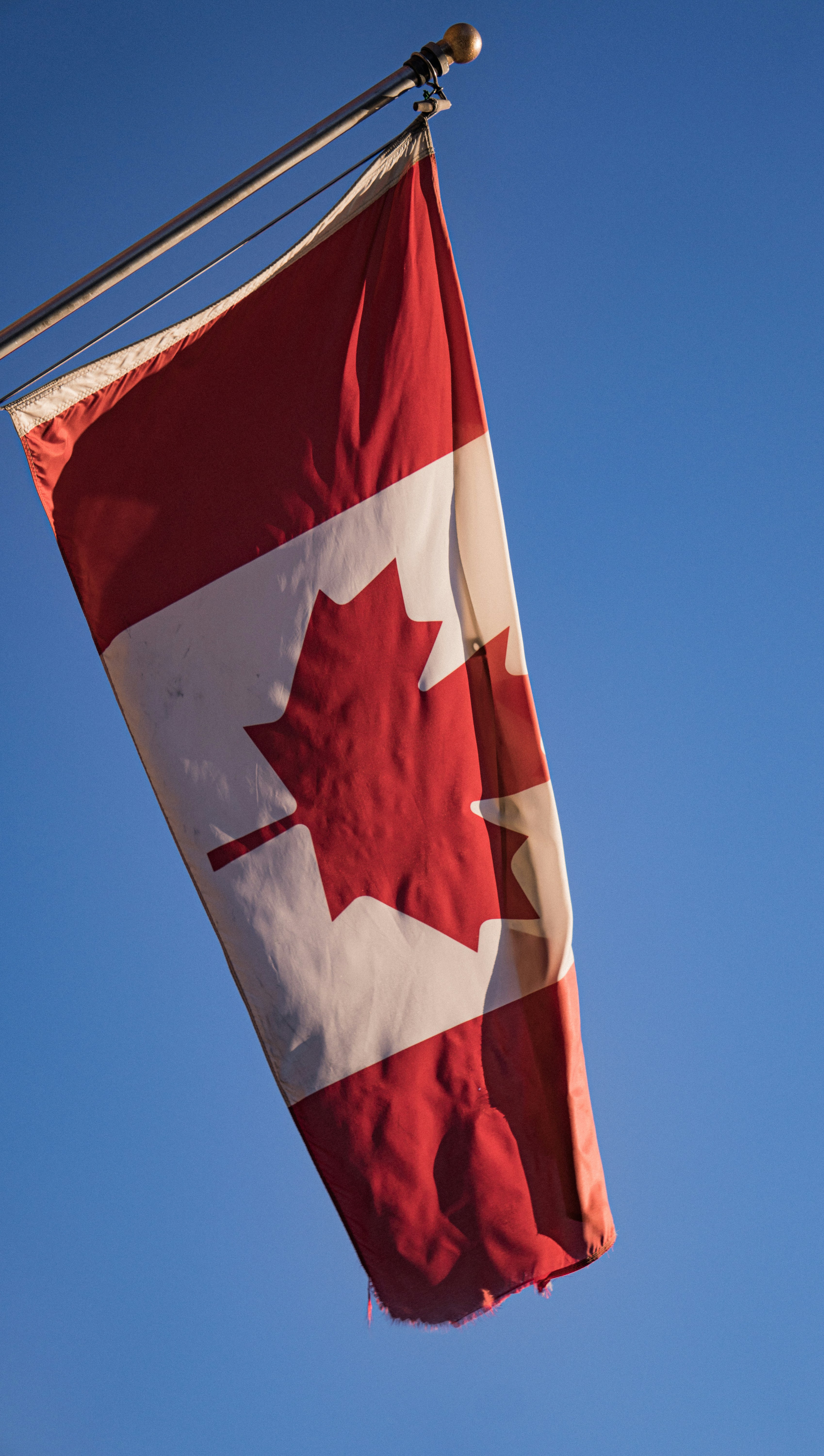 a canadian flag flying in the wind with a blue sky in the background