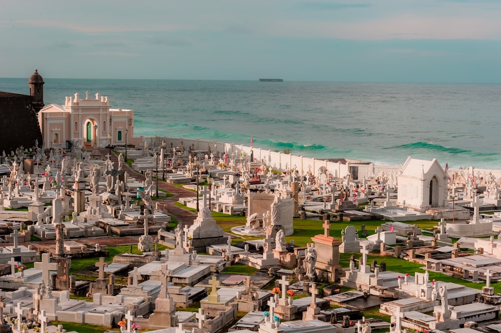 a large cemetery next to a body of water
