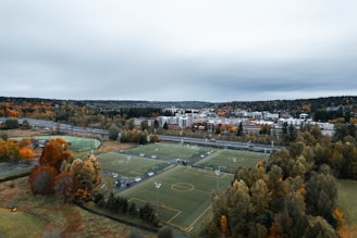 an aerial view of a soccer field surrounded by trees