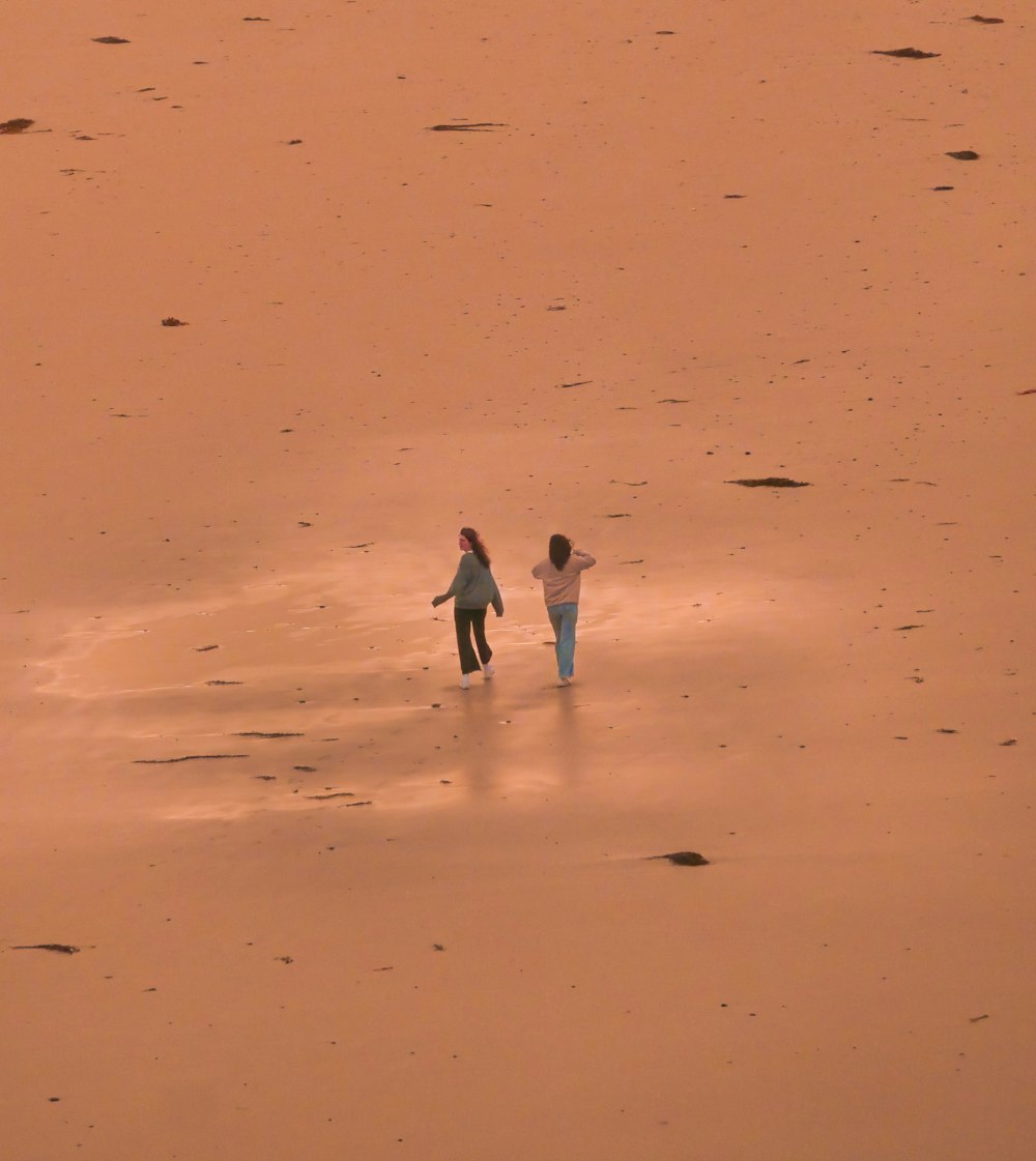 a couple of people walking across a sandy beach