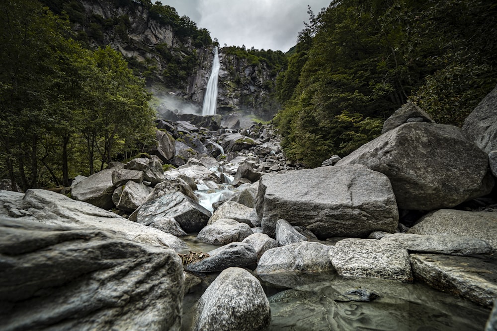 a waterfall in the middle of a forest filled with rocks