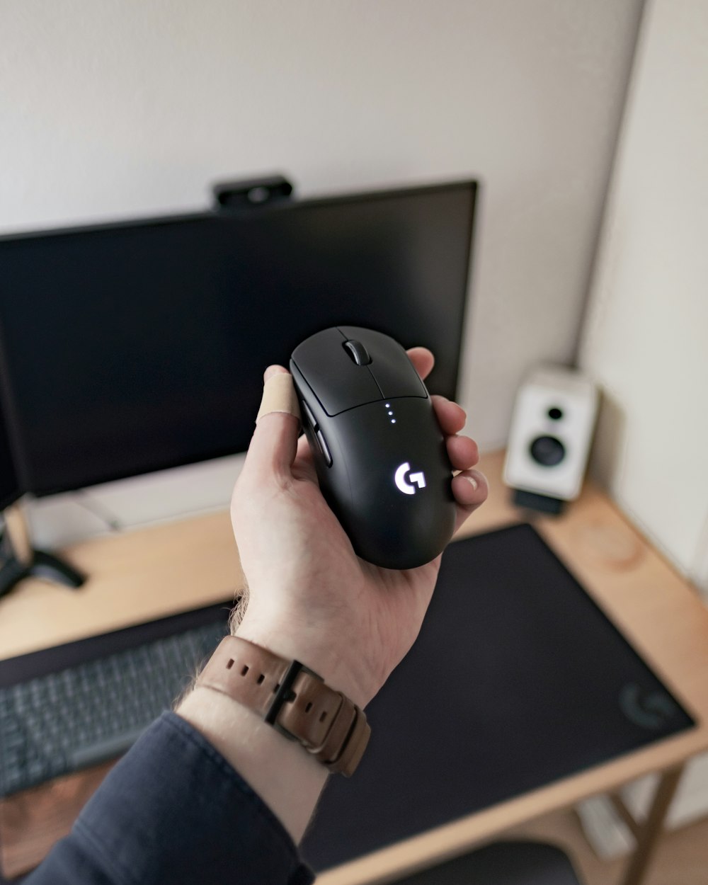 a person holding a mouse in front of a computer