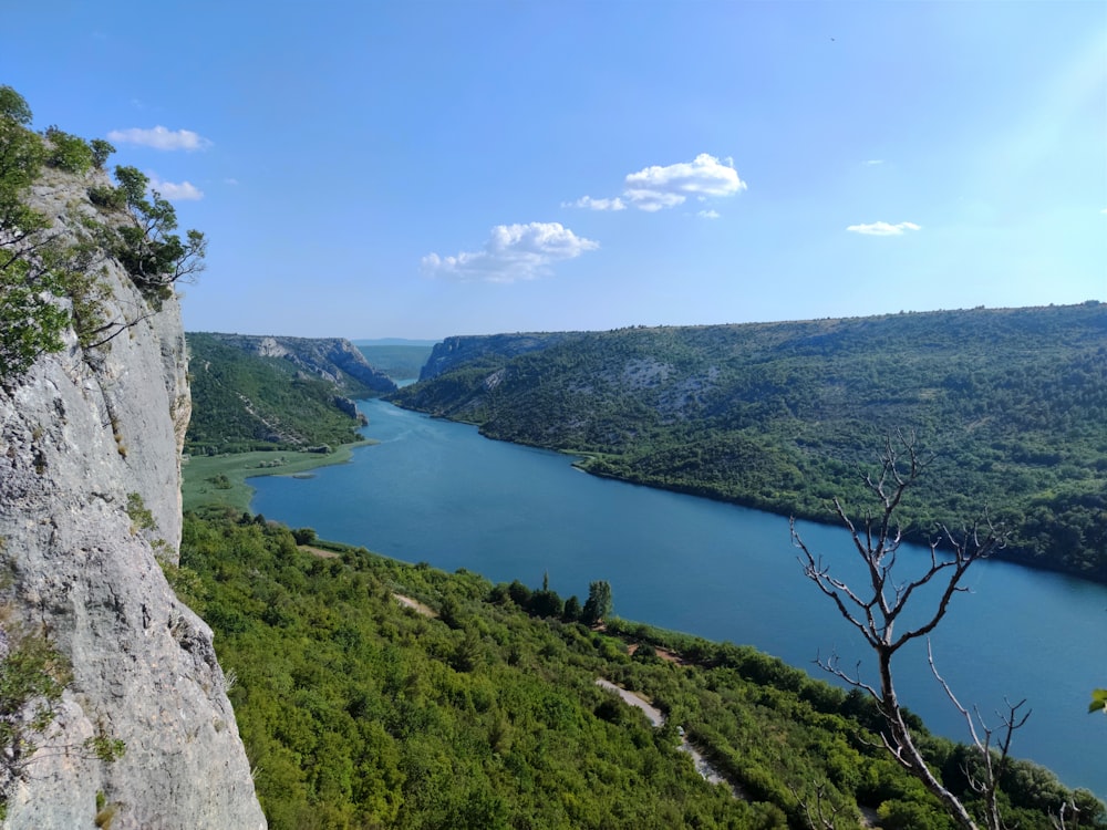 a large body of water surrounded by a lush green hillside