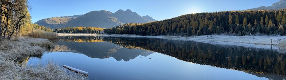 a mountain lake surrounded by trees and snow