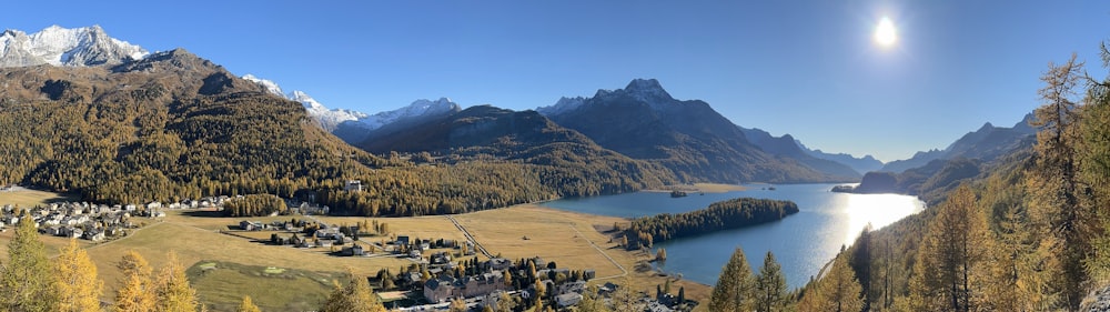 a scenic view of a lake surrounded by mountains