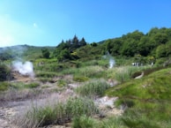 A landscape with lush green hills and trees, featuring two visible fumaroles emitting white steam. A small group of people is walking on a path in the distance, observing the natural phenomena. The sky is clear and blue, enhancing the vibrant colors of the scene.