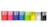 A row of colorful boxes is aligned, each with the large text 'Et' printed on them. The boxes vary in color, including shades of orange, pink, purple, blue, green, yellow, white, and black. Each box appears to have text and measurements along the side.