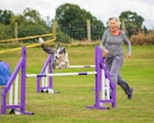 a woman and a dog running over a hurdle