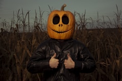 a man wearing a pumpkin mask standing in a corn field