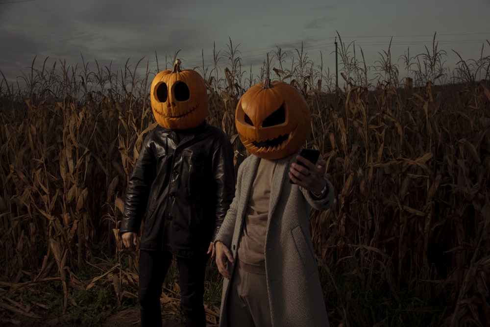 two people wearing pumpkin heads in a corn field