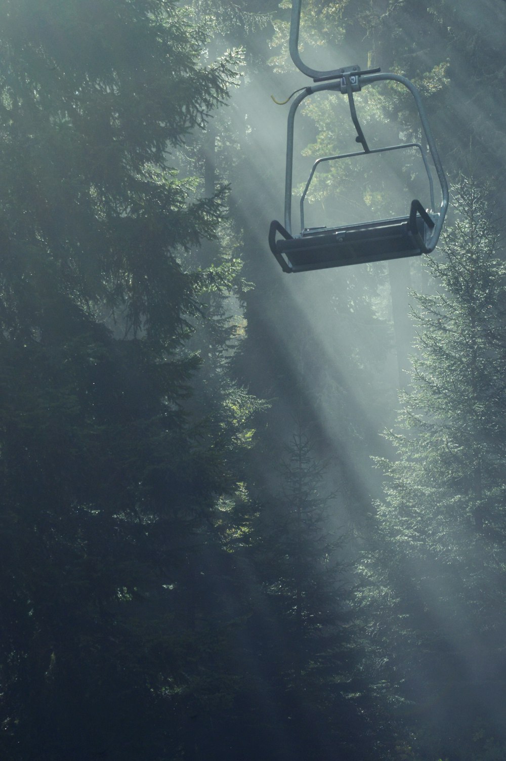 a ski lift in the middle of a forest