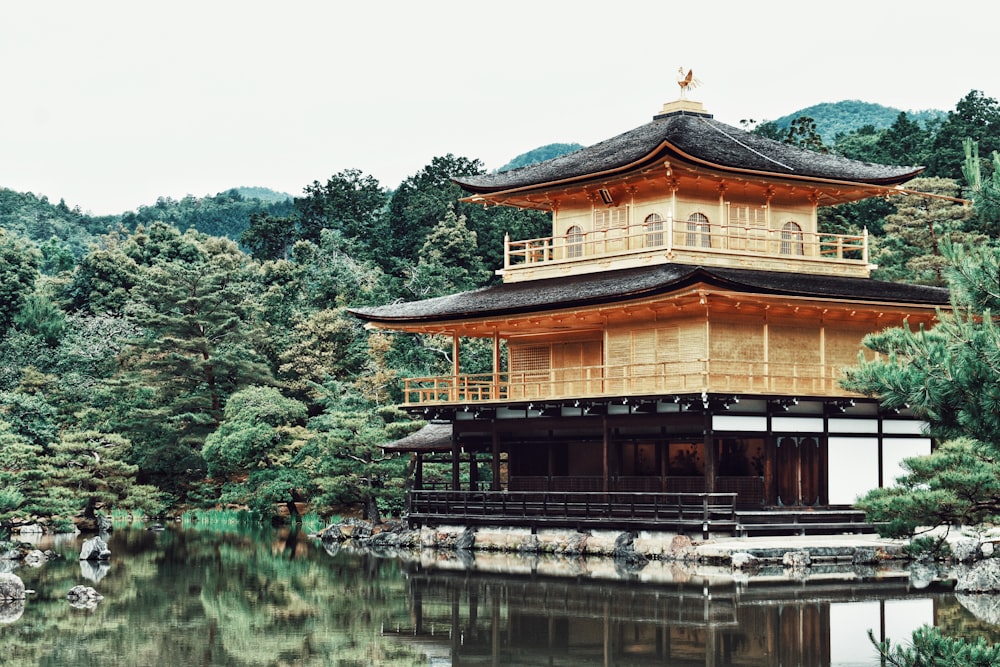 a tall wooden building sitting next to a lake