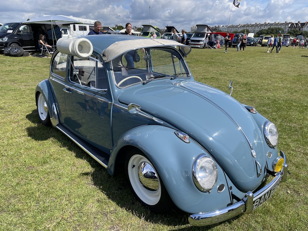 a blue vw bug parked on top of a grass covered field