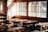 A rustic classroom setting with wooden desks and chairs is illuminated by soft, warm sunlight streaming through large windows. The sunlight casts gentle shadows across the room, emphasizing the natural wood tones of the furniture and walls.