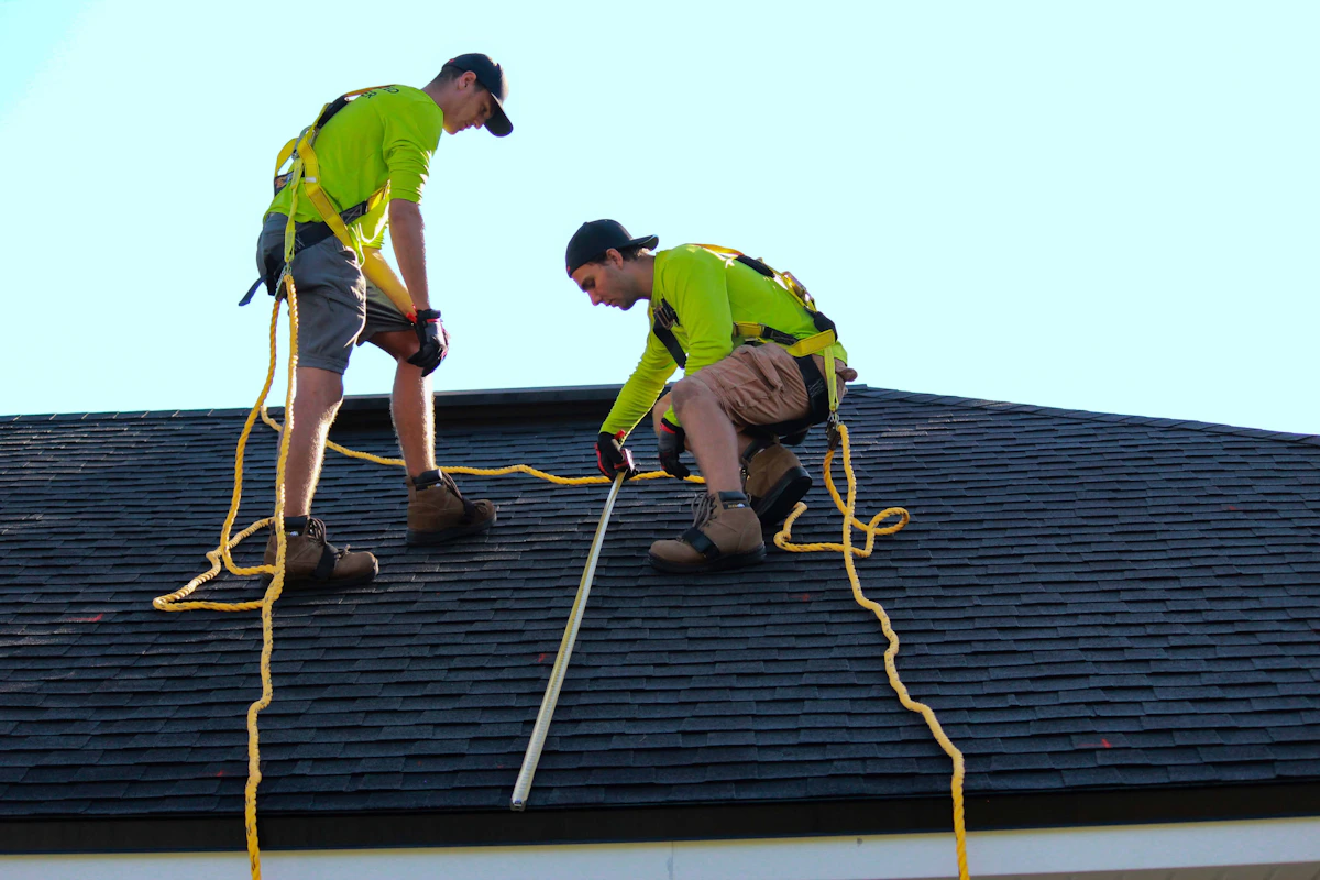 Roofing crew working together