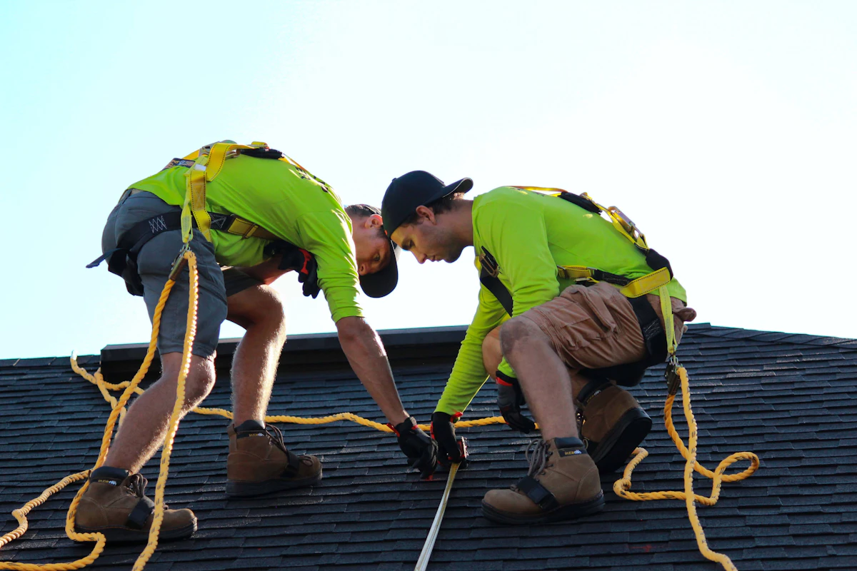 Roofers installing asphalt shingles while using fall protection