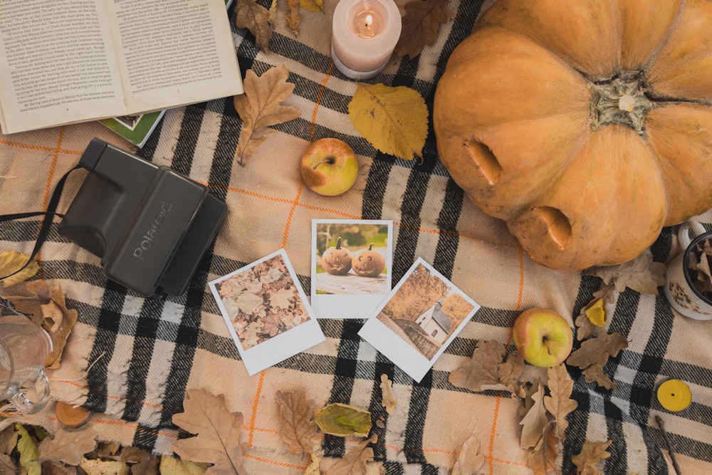 a table topped with a book and pictures of pumpkins
